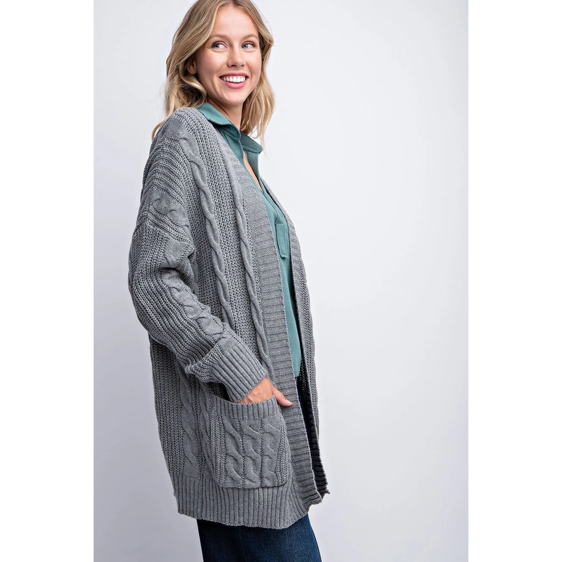 Classic Cable Knit Cardigan- Grey