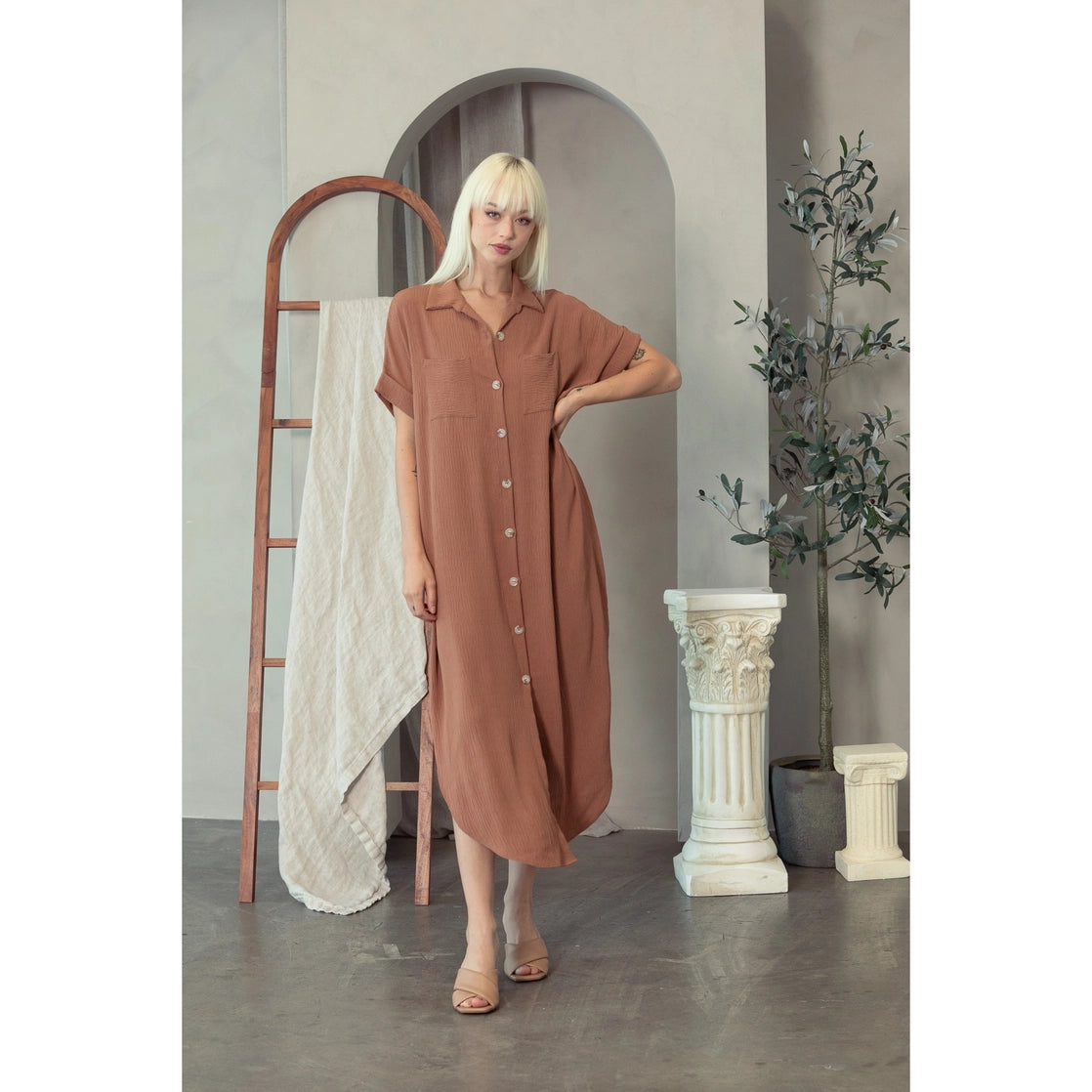 Easy Going Cappuccino Button Down Dress
