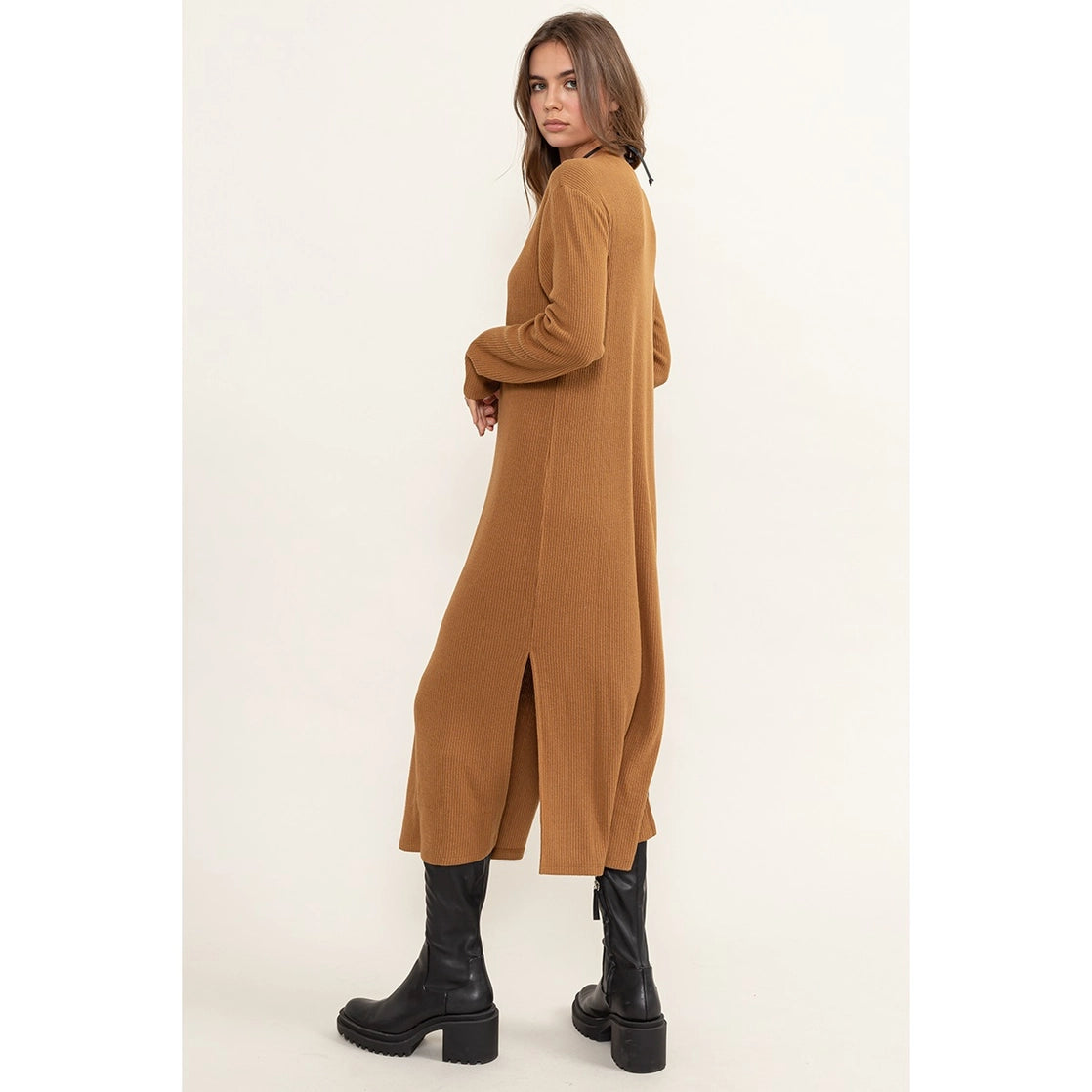 Leisure Life Ribbed Midi Dress- Pale Brown