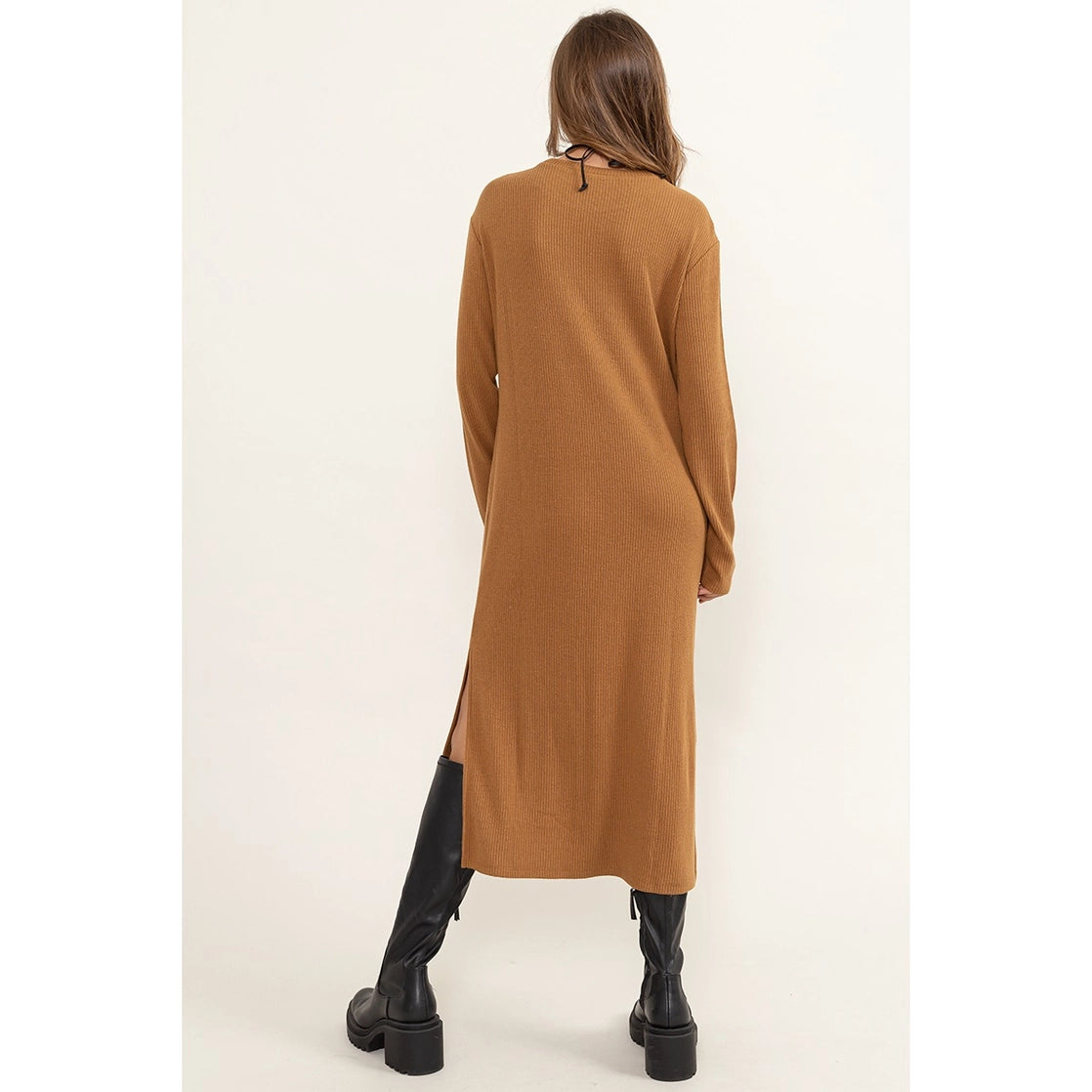 Leisure Life Ribbed Midi Dress- Pale Brown