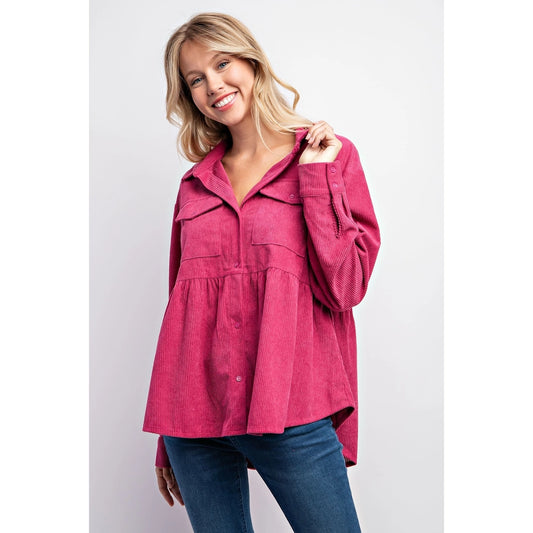 Babydoll Corduroy Shacket-Magenta