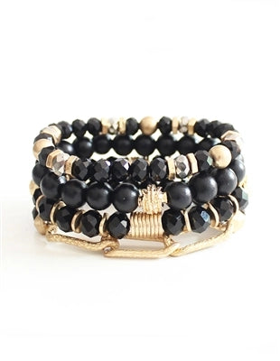 Black Crystal, Wood, and Gold Chain Bracelets