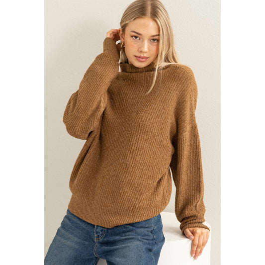 Bouncin Around High Neck Sweater-Pale Brown