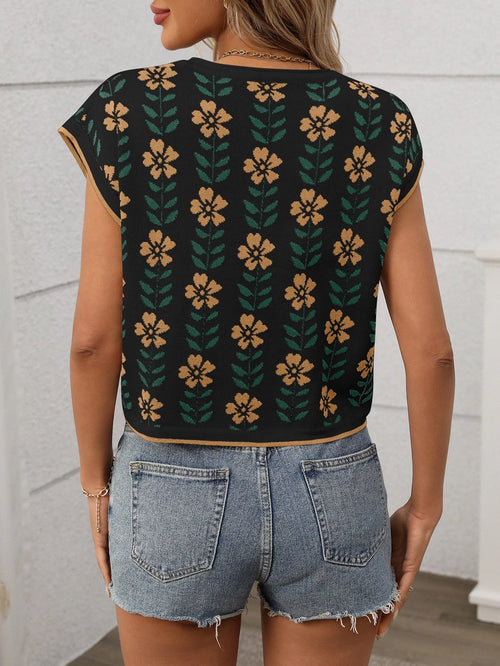 Charming Bloom Knit Top- Black