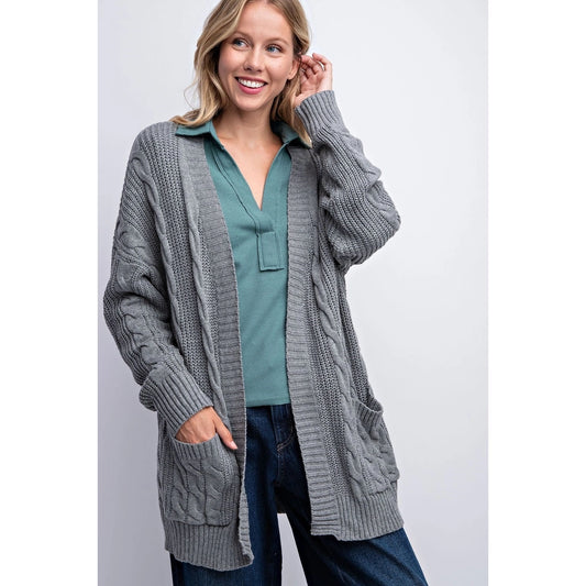 Classic Cable Knit Cardigan- Grey