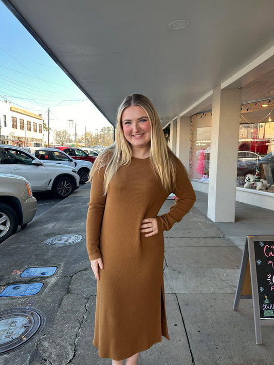 Leisure Life Ribbed Midi Dress- Pale Brown