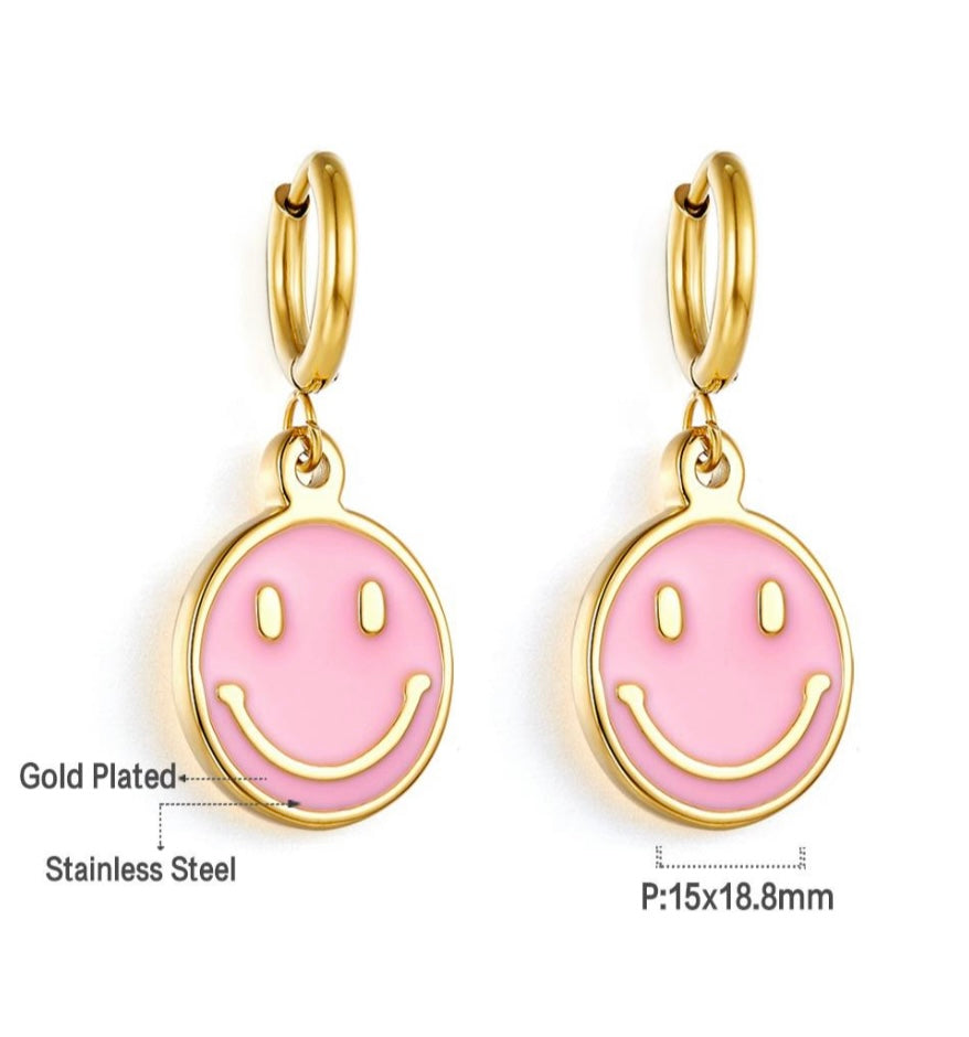 Smiley Gold Earrings- Pink