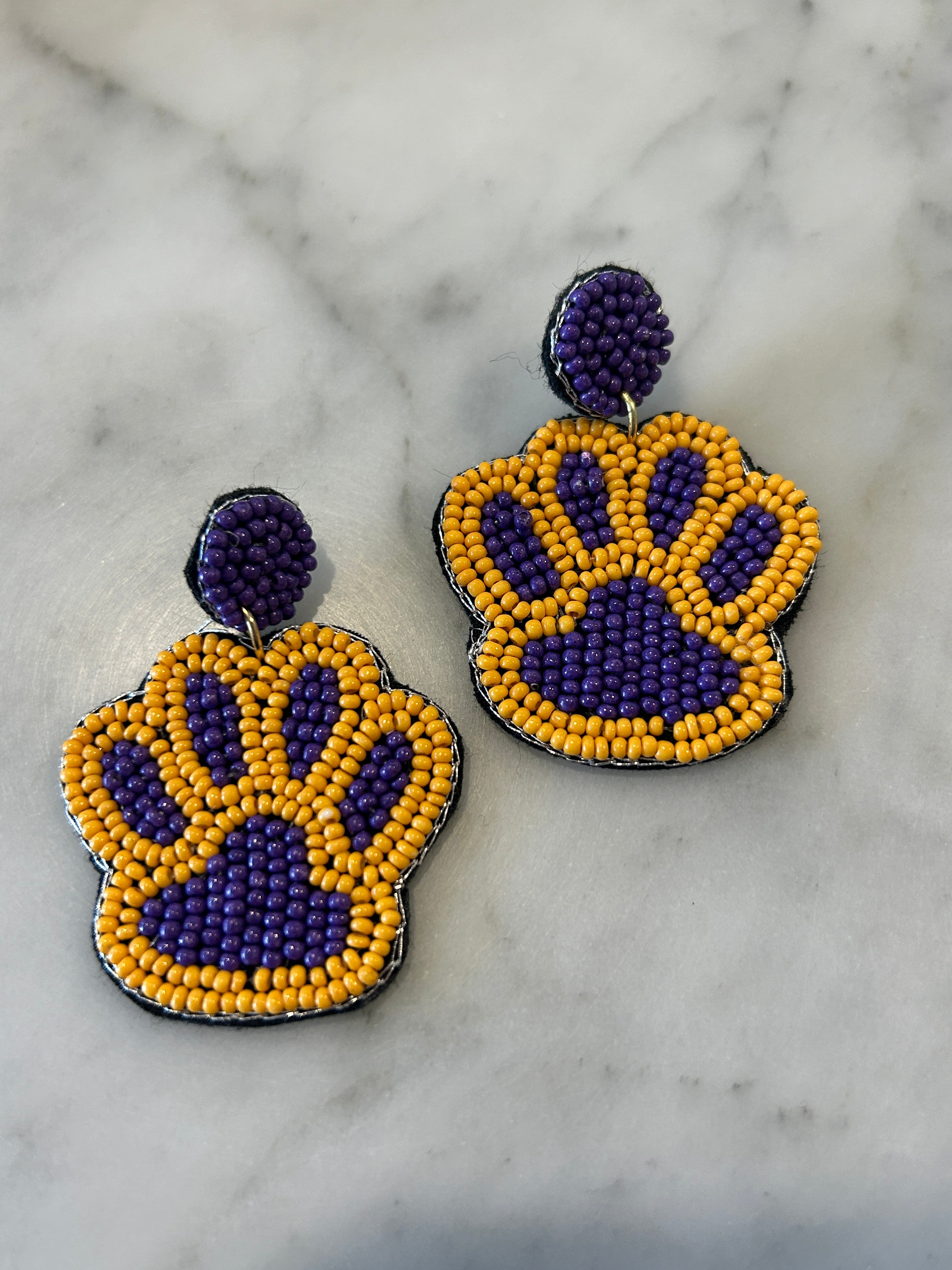 Paw Beaded Purple & Gold Earrings