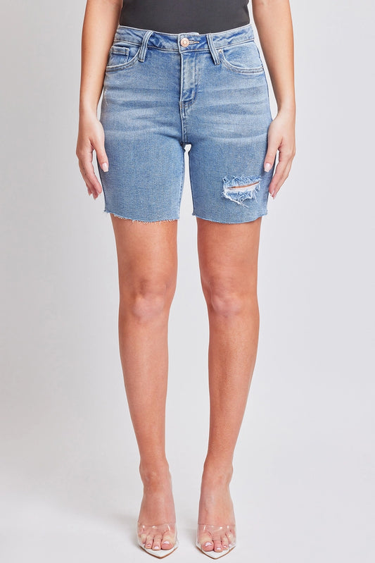 Junior High-Rise Raw Hem Long Shorts