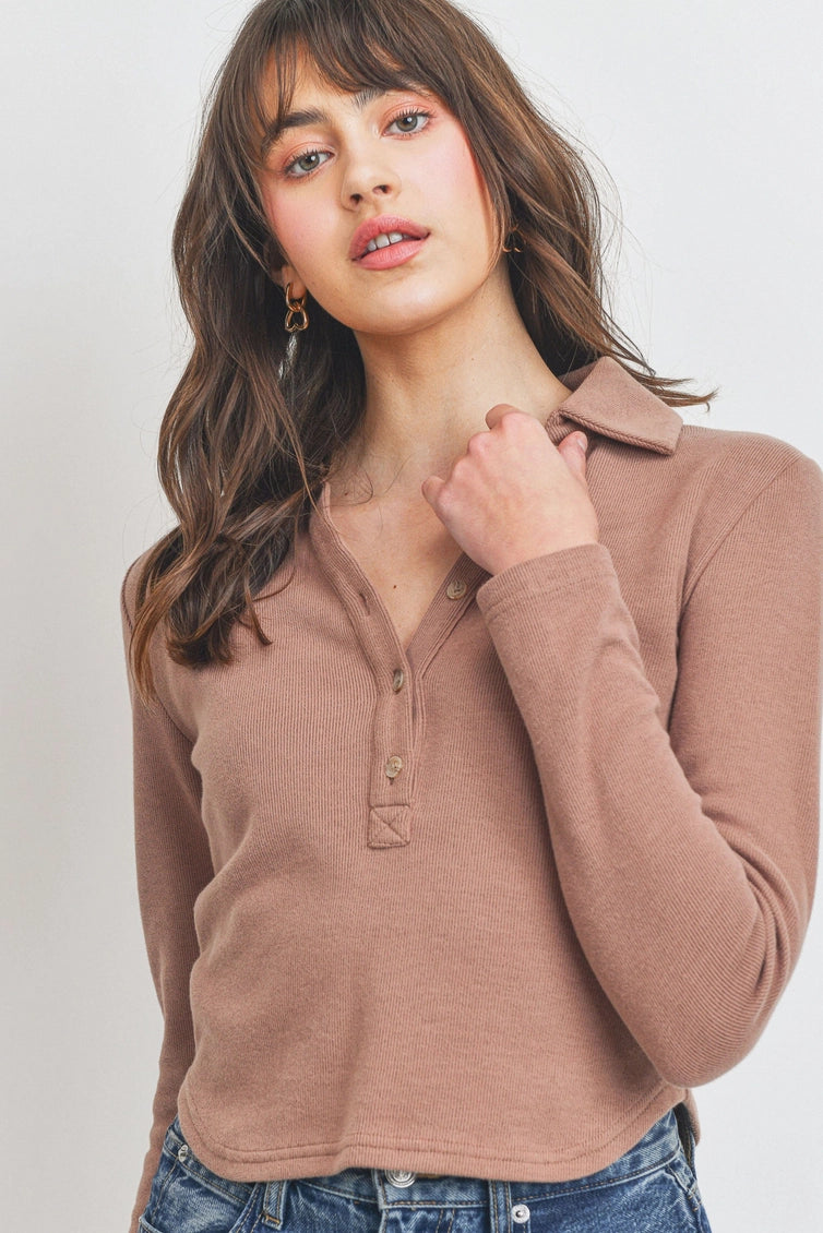 One Way Ticket Mocha Collared Top