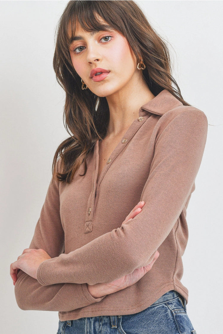 One Way Ticket Mocha Collared Top