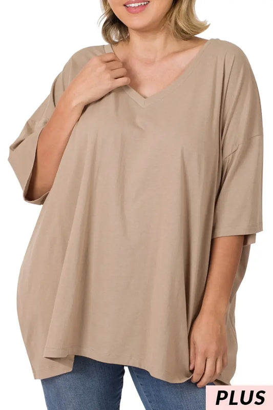 Plus Cotton Drop Boyfriend Tee- Mocha