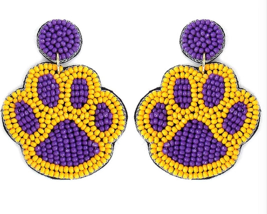 Purple & Golf Beaded Paw Print Earrings