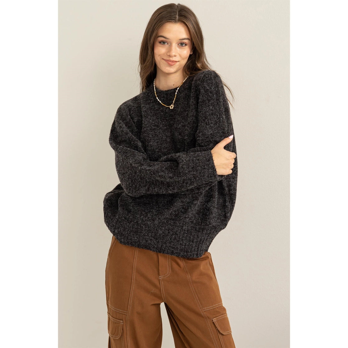 Style Game Drop Shoulder Sweater- Black