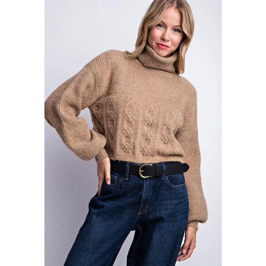 Turtle Neck Cable Knit Crop Sweater- Taupe
