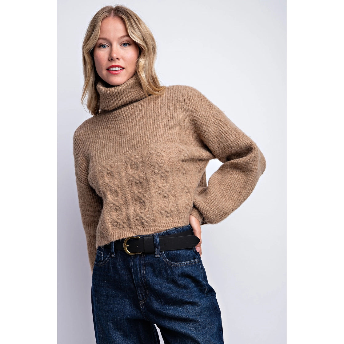 Turtle Neck Cable Knit Crop Sweater- Taupe