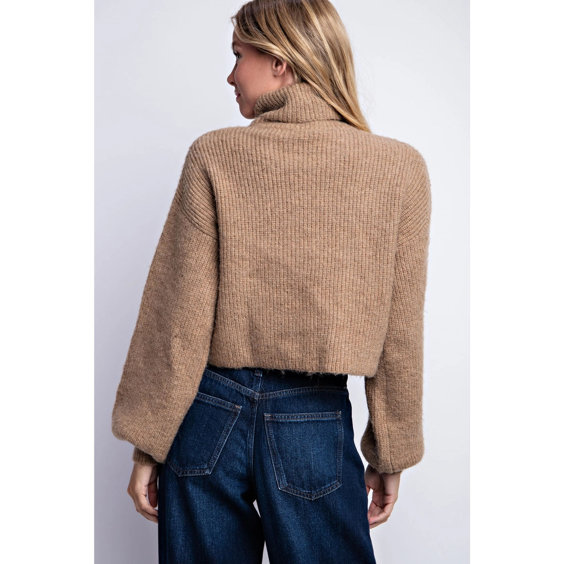 Turtle Neck Cable Knit Crop Sweater- Taupe