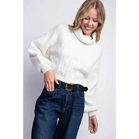 Turtle Neck Cable Knit Crop Sweater- Cream